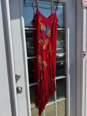 Vintage Sue Wong 100% silk Embroidered Dragon Red Dress with tassels